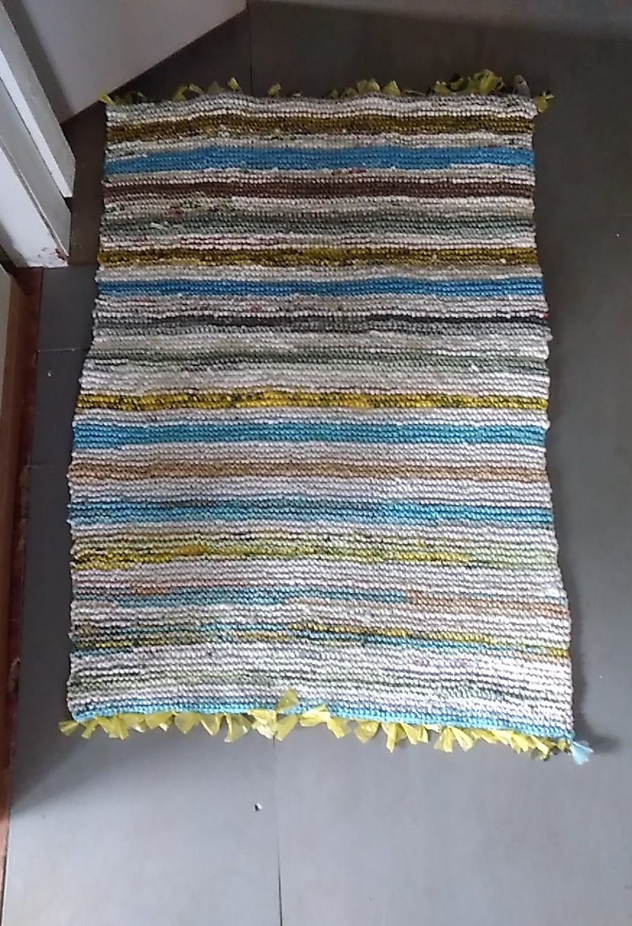 Handwoven Striped Rag Rug with Blue and Yellow Accents